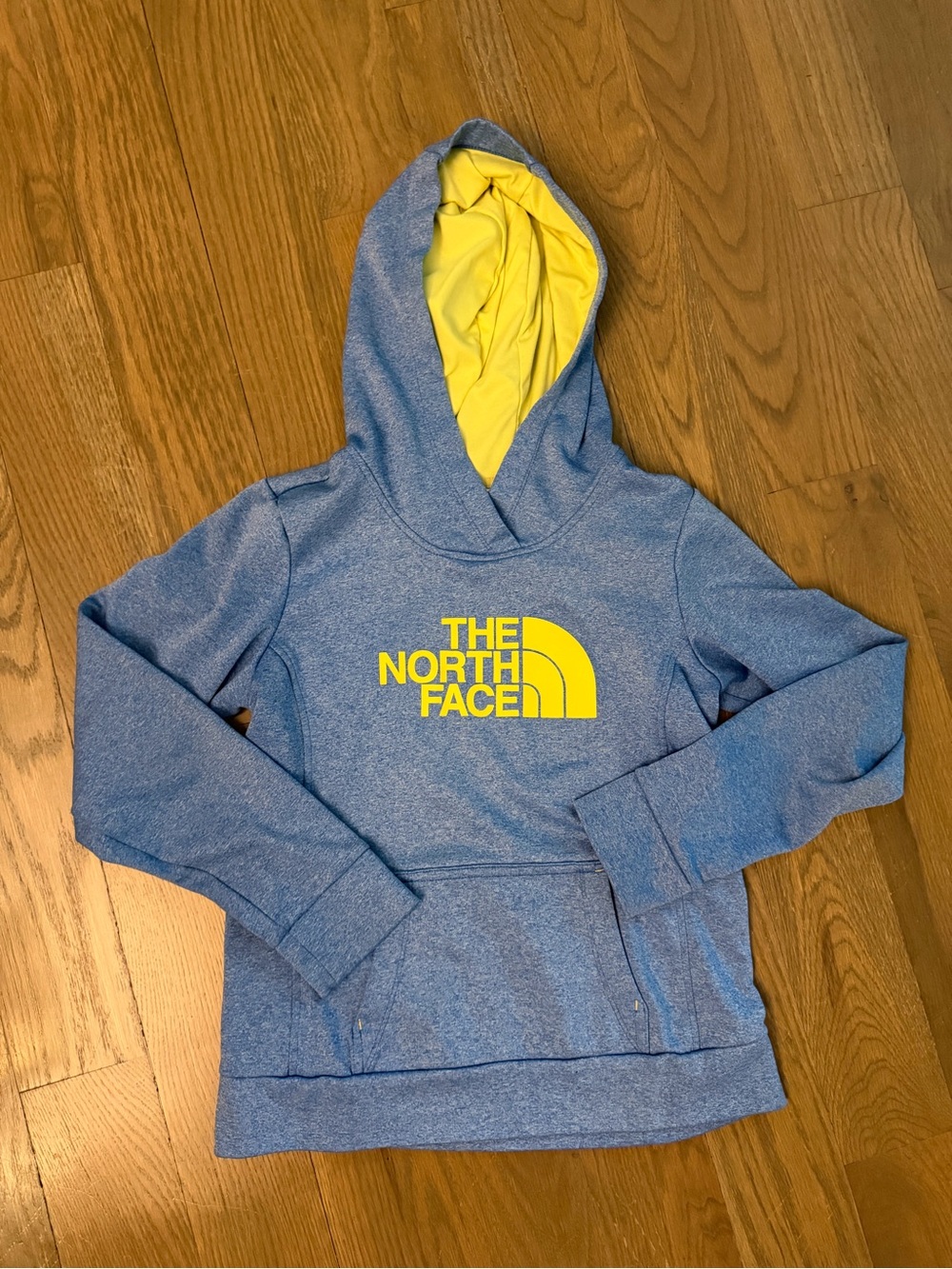The North Face Blue Hoodie with Yellow Logo & Lining